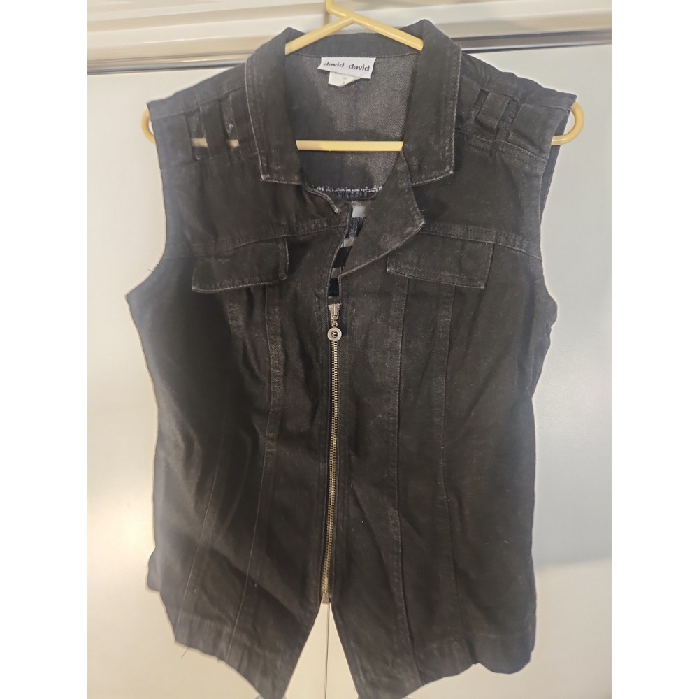 Vtg Y2K David David Women's Black Denim Zip Up Vest Medium